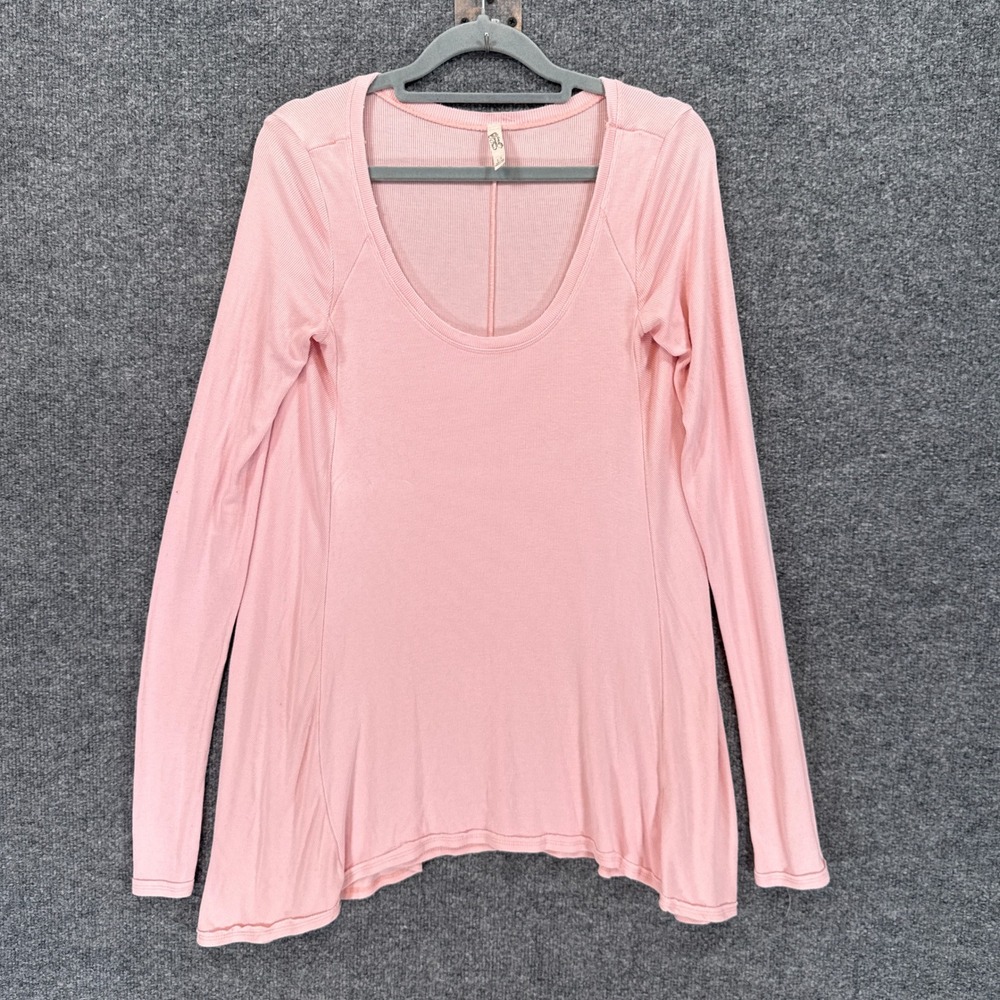 Free People Shirt Womens Small Pink Ribbed Scoop Neck Long Sleeve Flared Hem